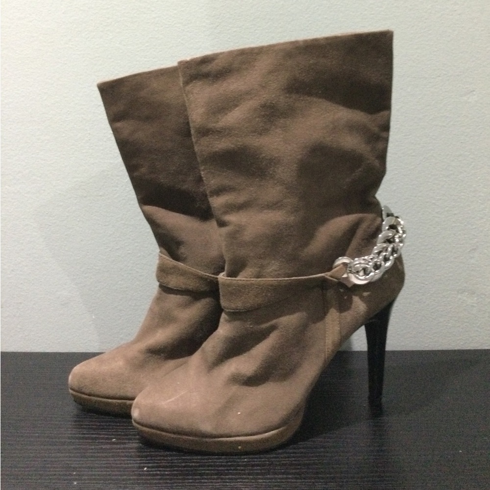 Calvin Klein Suede Brown Heeled Boots with Chain Detail